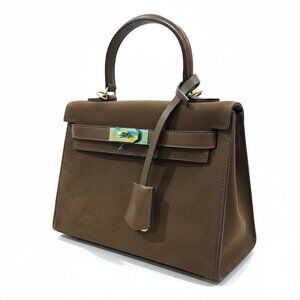 Brown Faux Suede & Leather Top Handle Bag With Gold Hardware And Detachable Stra